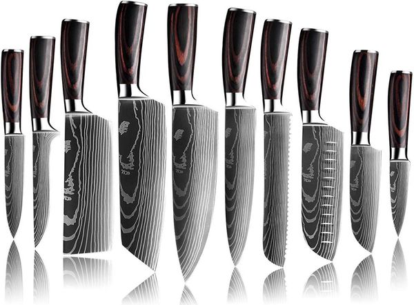 Hochqualität 7CR17MOV Edelstahlkoch Messer Set Japanische scharfe Küche Cleaver Utility Santoku Laser Damaskus Muster9515780 Schnitt