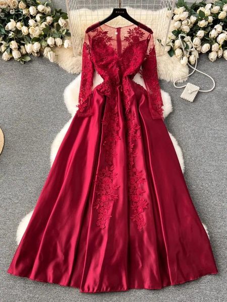 Vestidos de festa harajpee bordado malha leve luxo nicho de manga longa vestido vermelho casamento elegante lindo vestido romântico