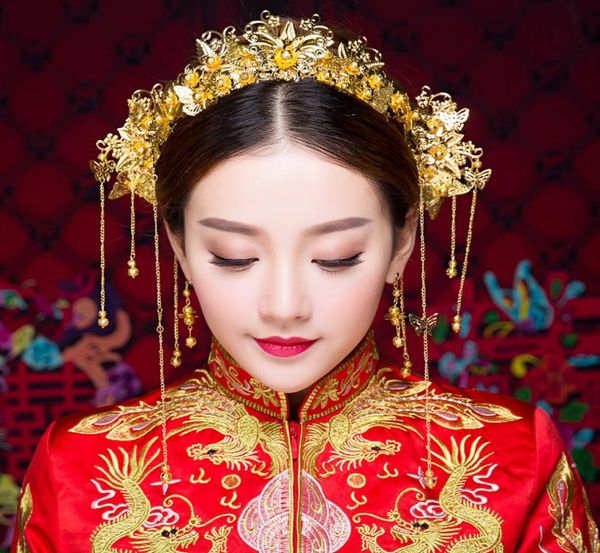 Nuovo colore classico oro oro cinese tradizionale gioielli per capelli nappeaponi per capelli corone e orecchini da sposa Bijoux Gifts 5376774