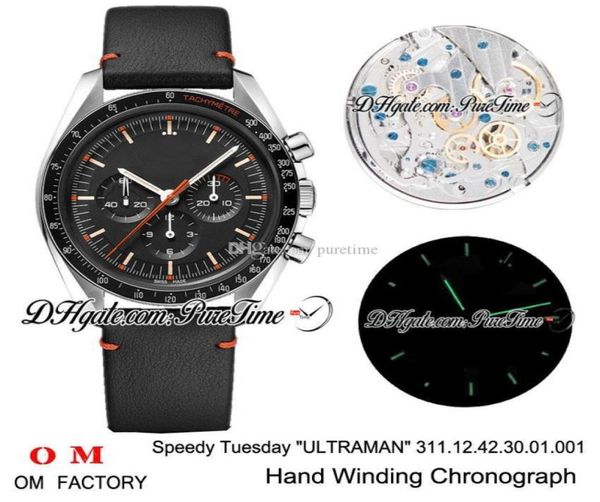 Omf Moonwatch Speedy вторник 2 Ультраманский ручный хронограф Mens Mens Watch Black Dial Black Leather Brap Edition New Pure5840572