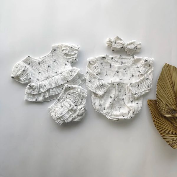 Şort bebek kız giysileri takım elbise çiçek kısa kollu fırfır etek üst + çiçek açma şort yaz yumuşak pamuk karahindiba baskı tulum