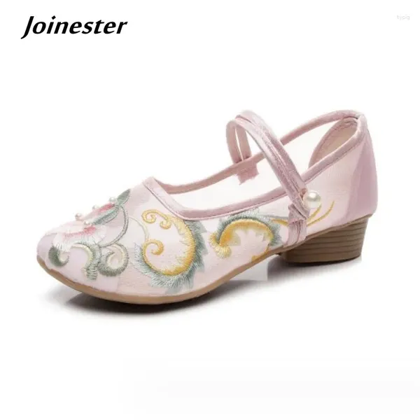 Kleidungsschuhe Knöchelgurt besticktes Mesh Mid Heel Schuh Frauen Retro -Stil Runde Toe Mary Jane Pumps Frühling Sommer