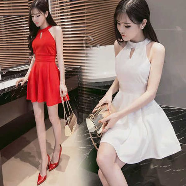 Huang2024 Летний корейский стиль без рукавов с плеча висящей шею сексуальное платье женская ношение талии с короткой юбкой A-Line