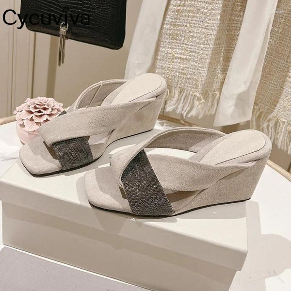 Slippers Summer Wedges Slides Slides de Suede Plataforma de Couro Mulheres de Toe Aberto de Cristal High Party Shoes para Mulher Sandalias Mujer