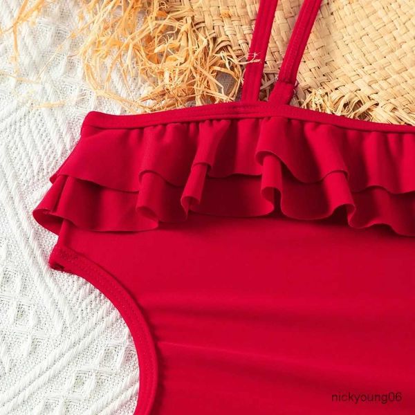 One-Pieces Retro Red Color Teenage Girls Badeanzug Ein Stück 5-14 Jahre Kinder Badeanzug gekräuselt Badebekleidung Strandwege