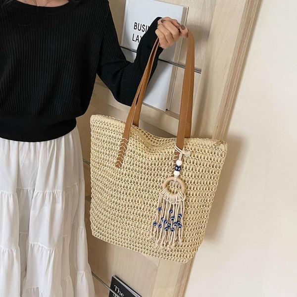 Umhängetaschen Frauen Vintage -Tasche mit Quasten Häkelstrand Handtasche große Kapazität Retro Stroh Damen Sommer täglich