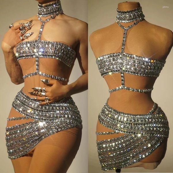 Stage Wear Rhinestone Nightclub Costume Sexy Woman Slim Dress Party Outfit Gogo Dancer Abbigliamento Singo