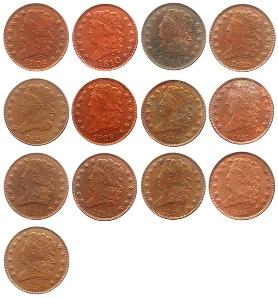 EUA CRÁTICA CRÁTICA CABELA MEIO centavos 1809 1836 13Pieces datas para escolher 100 ornamentos de bronze para cópia de cobre Decoração Home Decoration A7689227