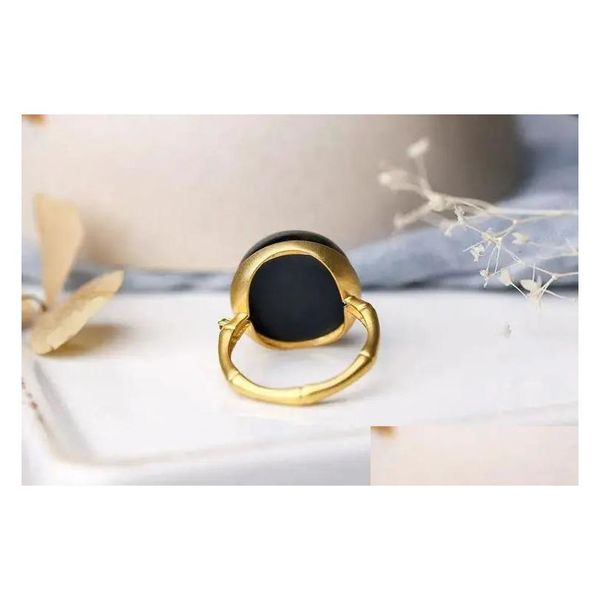 Solitaire Ring Natural Hetian Black Jade Round Perlen Öffnen verstellbar 14k Gelbgold Chinesisch Retro Elegant Bambus Charme Damen Juwel Dhkje