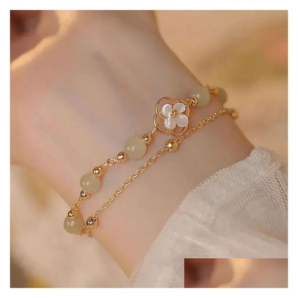 Catena 2024 Nuova moda Design unico Elegante squisito fiore a doppio strato a doppio strato 14k Bracciale d'oro giallo Donne Gioielli Gioielli Regalo Premium D DHWHA