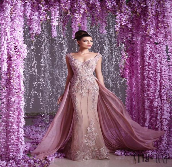 Toumajean couture blush floreale chiffon overskirt abiti da sera v al collo abiti da ballo perline lunghezza appliques abito da sera 4238485