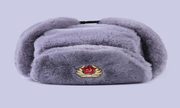 Sowjetisches Badge Ushanka Russische Männer Frauen Winterhüte Faux Rabbit Fur Armee Militär Bomber Hut Kosaken Trapper Ohrflap Snow Ski Cap 27298177