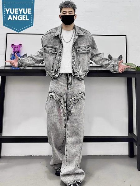 Erkek Trailtsits Moda Hip Hop Erkek Denim Kısa Ceket Geniş Bacak Kotları İki Parça Set Sonbahar Sonbahar Yüksek Sokak Vintage Günlük Eşleştirme Setleri