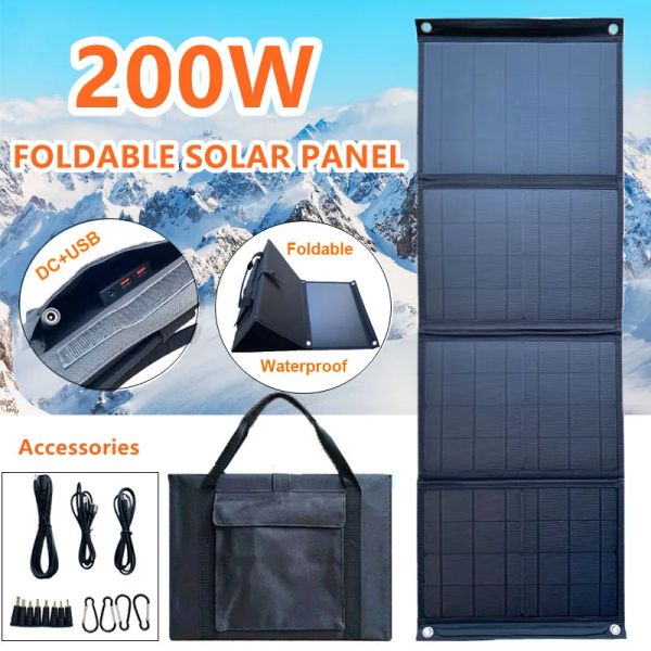 Banche 200w Pannello solare pieghevole Dual USB +DC CELLO SOLAR PORTATIFICA Portable Waterrooff Caricatore solare Mobile Power Bank per escursioni in campeggio