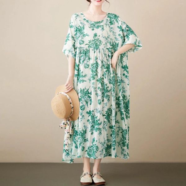 Sıradan Elbiseler Kadınlar Kısa Kollu Maxi Elbise Basit ve Zarif Cottagecore Bohemian Yaz Gevşek Uyum Pile Dönüştüren Kore tarzı Giysiler