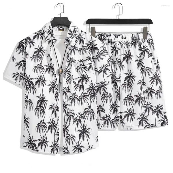 Roupas masculinas de trajes soltos Men, roupa de verão, coco casual coco coco thorts de camisa estampa com um design de perna larga de cordão elástico para uma perna para um