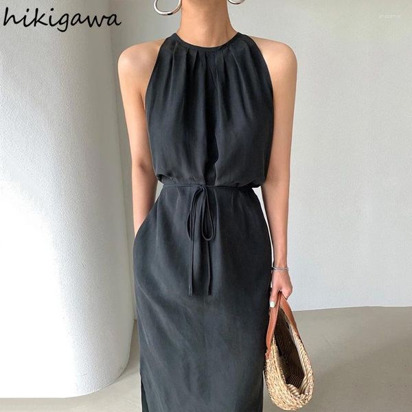 Lässige Kleider Maxi für Frauen koreanische Chic Vintage Robe Femme 2024 Vestidos de Mujer Slim Taille Verband Falten geteilt Sommerkleid 27v788