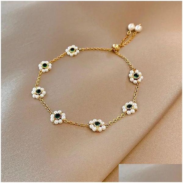 Cadeia 2024 nova moda 14k Gold amarelo elegante delicado Flower Pearl Zircão Bracelete Mulheres Jóias Partem Premium Gream atacado Drop D DHSE6