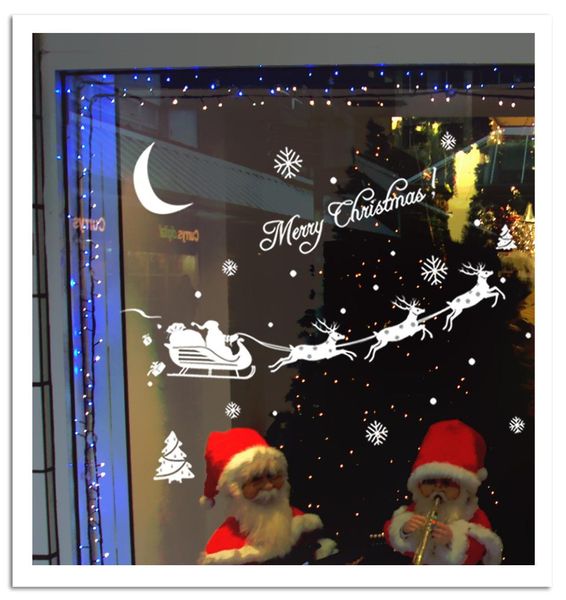 Santa039S Cart Snowflake Луна рождественская елка настенные наклейки магазина магазин стеклянная стена наклейка на стену рождественская карета домашняя декор стена POS9038861