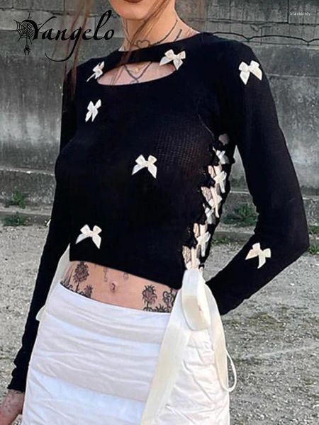 Damen T-Shirts Yangelo Chic Multi Bow Patchwork hohl Out Bänder Schnürpeak-up Cropped Top Black Coquette sexy geschnittene Schlanke Waffel