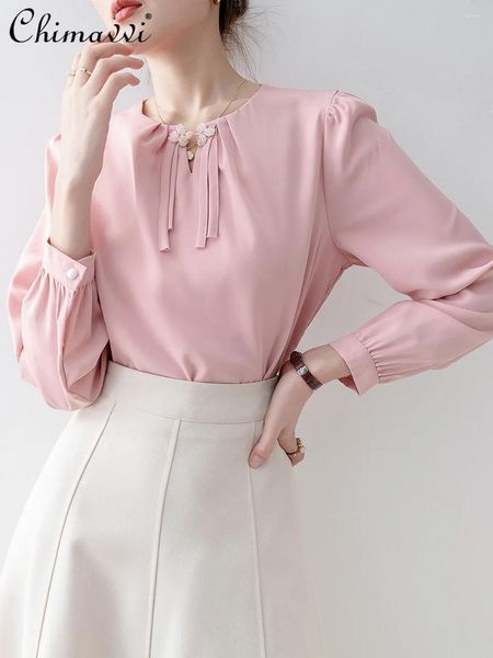 Camicette femminili in stile cinese rosa Donne Top 2024 Sleela lunga per chiffon a manicotto lungo a collo tondo primavera