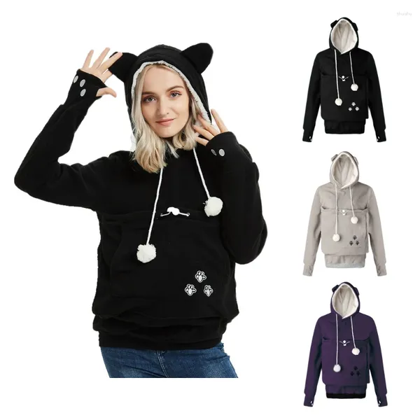 Kadın Hoodies Sonbahar Kış Uzun Kollu Polar Şapkalı Kadınlar ve Evcil Hayvan Büyük Kese Sweatshirt Külot Tops