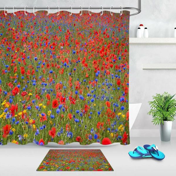 Duschvorhänge Mohn und Maisblumen Vorhang Set Badezimmer Teppich Washange Stoffhaken