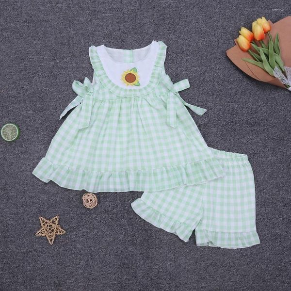 Kleidung Sets Baby Girls Kleidung Cotton Kid Set für Sommerstil Sonnenblume Stickerei Cyan Grid Tops Sportshorts