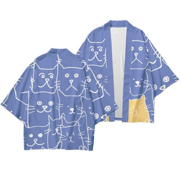 Ethnische Kleidung 2pcs Männer losen japanische blaue Katzendruspel -Strickjacken Cosplay Yukata Harajuku Samurai Kimono Hosen Sets Plus S6X1671374