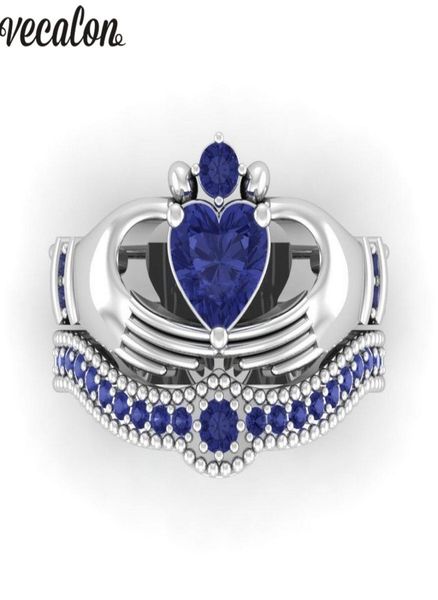 Влюбленные векалон Blue Birthstone Claddagh Кольцо 5A Циркон CZ Белый золотой обручальный обручальный кольцо для женщин для женщин. Подарок 6230455