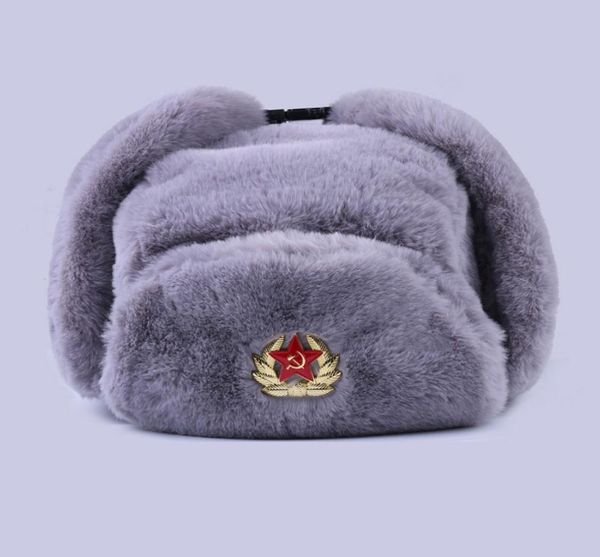 Sowjetisches Badge Ushanka Russische Männer Frauen Winterhüte Faux Rabbit Fur Armee Militär Bomber Hut Cosack Trapper Ohrklappenschnee Ski Cap 24526129