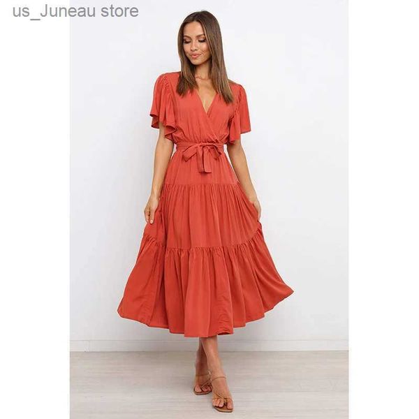 Abiti casual di base Donne in chiffon 2022 Summer Lace-up Butterfly Slve Casual Ruffle V-Neck Fashion Party Vestidos Sexy Boemian Robe Femme 1 T240415