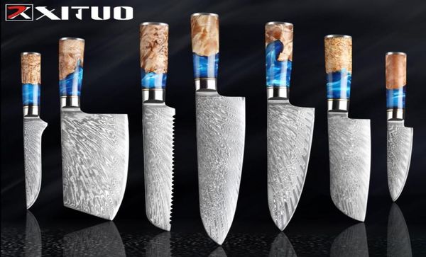 Xituo cozinha knivesset damasco aço vg10 faca chef cutinha paring pão faca resina azul e cor de madeira ferramenta de cozinha de madeira2121756