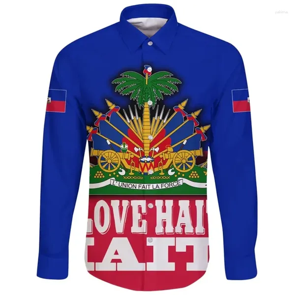 Herren Casual Shirts Shirt Haiti Flagge karibische Meeres Retro Vintage Tattoo 3D Printed Streetwear Harajuku Männer Langarm Top Top