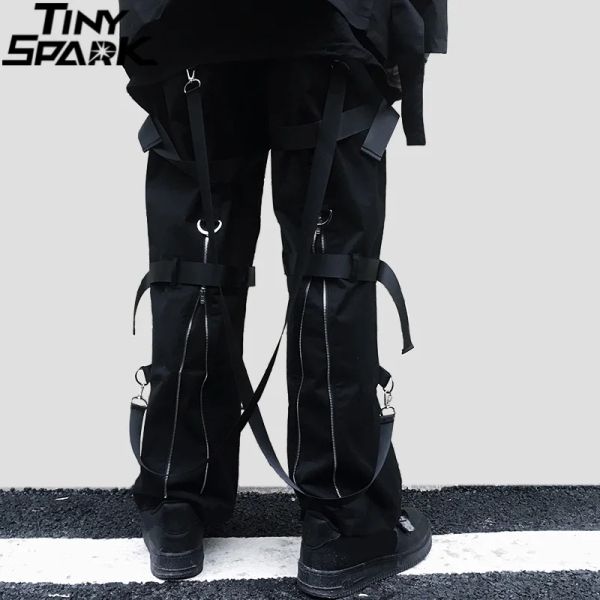 Hosen Hip Hop Cargo Hosen Streetwear 2023 Männer Harajuku Heck Reißverschluss Hosen Schnalle Ribbon HipHop Jogger Harem Hosen Taschen Herbst Schwarz