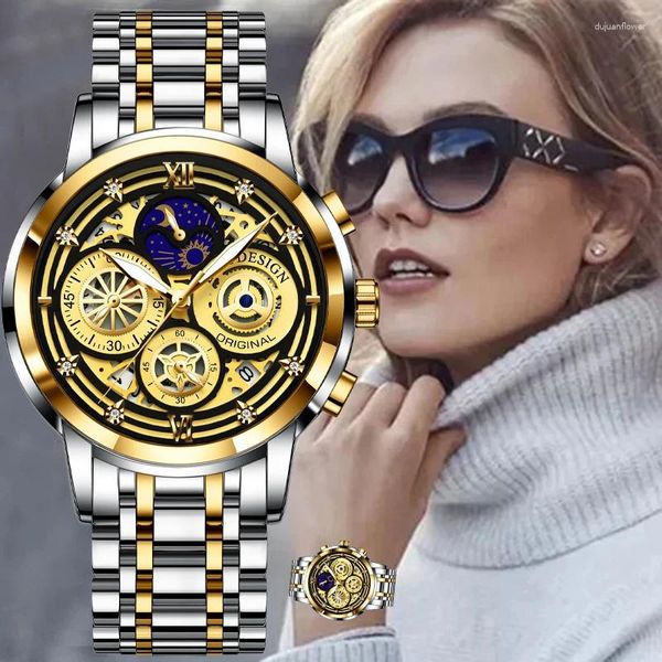 Avanadores de pulso Lige Moda Women Assista Top Standless Stonless Imper impermeável Relógios esportivos para Date Quartz Montre Femme Box