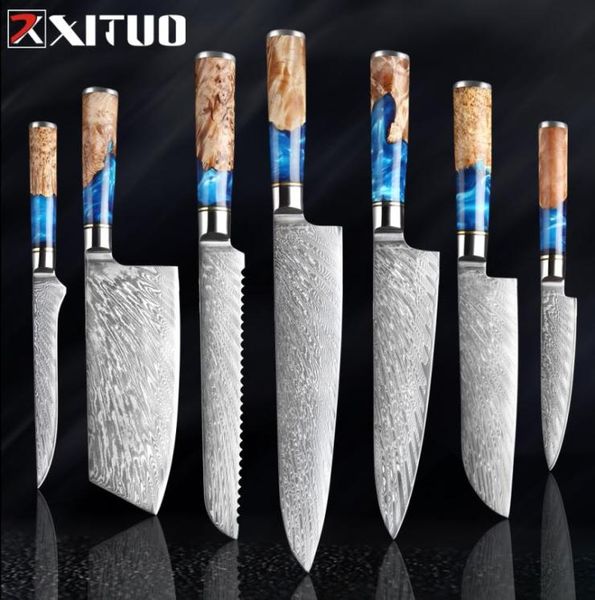 Xituo cozinha knivesset damasco aço vg10 faca chef cuteira parando pão faca resina azul e cor de madeira ferramenta de cozinha 93999035