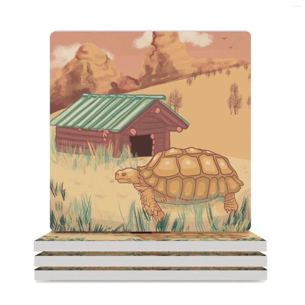 Tapetes de mesa Sr. Tortoise nas montanhas -russas de cerâmica deserta (quadrado) Anti deslize preto para bebidas estéticas canecas de café estéticas