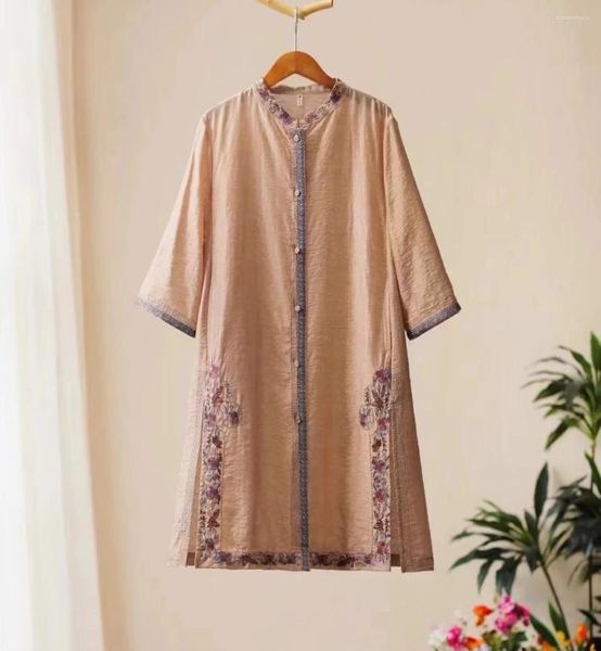 Camicette da donna camicia vintage in stile cinese in cinese marrone chiaro ricamo di seta naturale in seta lungo top abiti da donna casual sciolti