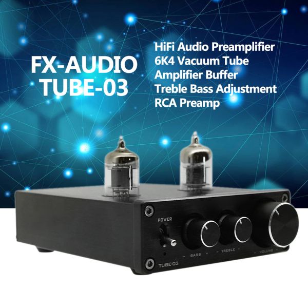 Verstärker fxaudio tube03 Hifi Audio Vorverstärker 6K4 Vakuumrohrverstärker -Puffer Treble Bass -Einstellung RCA Preamp EU Stecker AC100240V