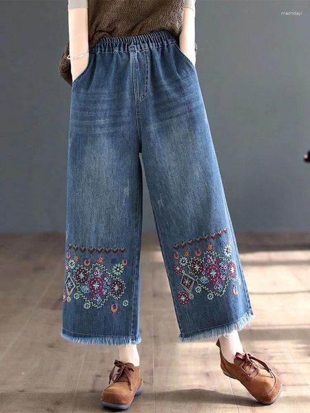 Женские джинсы в китайском стиле цветочные вышивки летние женские мода свободные дамы повседневные разорванные широкие брюки для ног джинсовые брюки поцарапаны
