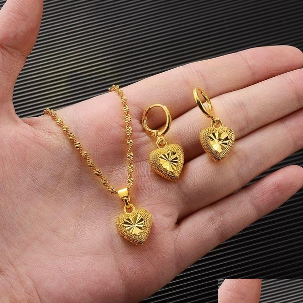 Ohrringe Halskette 3 D Herzform Ohrring -Anhänger Set 14k gelb feines Festes Gold über Schmuck Frauen Dubai Drop Lieferes Sets OT4ME