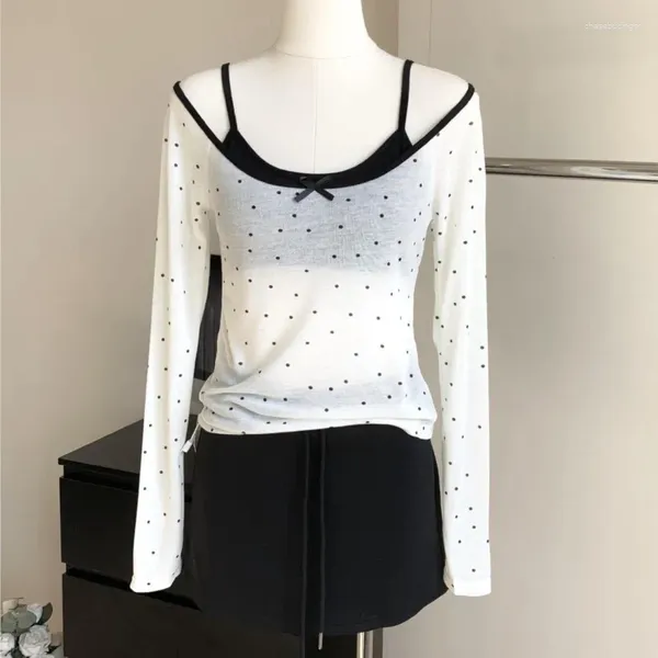 Damen T-Shirts 2024 Sommer Polka Punkte lässig süße T-Shirts schwarze Camis dünne Tees zweiteilige Set One Word Collar Long Sleeve Tops