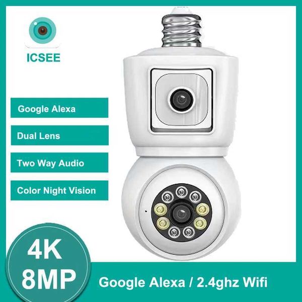 IP Kameralar ICSEE 4K 8MP E27 Ampul Wifi Kamera Çift Lens Çift Ekran Otomatik İzleme İki Yönlü Ses Renk Gece Görüşü 4MP Gözetleme Kamerası 240413