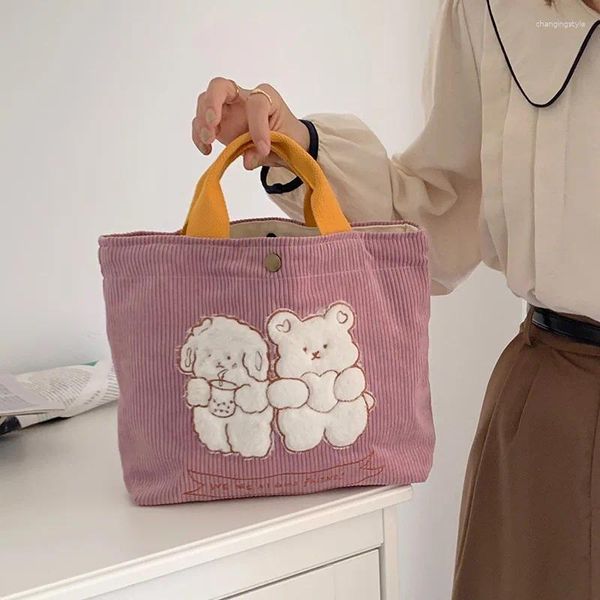 Sacos de compras fofos bordados de urso de pelúcia para mulheres transportam bolsas de mão retro feminina feminina pequena bolsa de ombro para garotas almoço de garotas bento