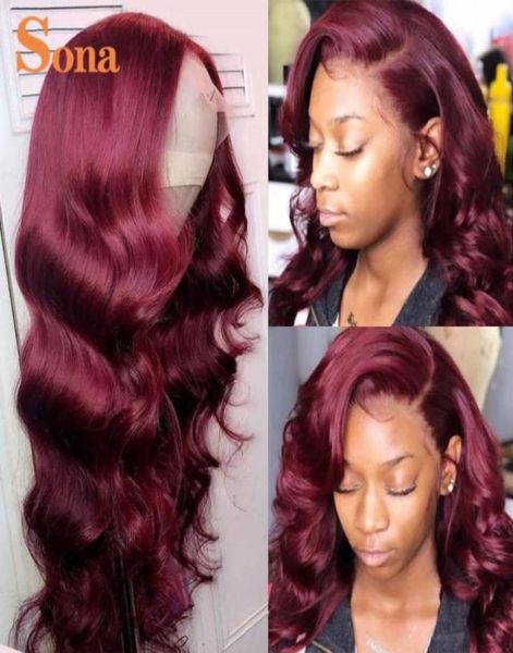 Parrucche anteriori in pizzo rosso ombre onda di capelli umani ondate trasparenti parrucche frontali in pizzo bordeaux per donne wavy46396529214541