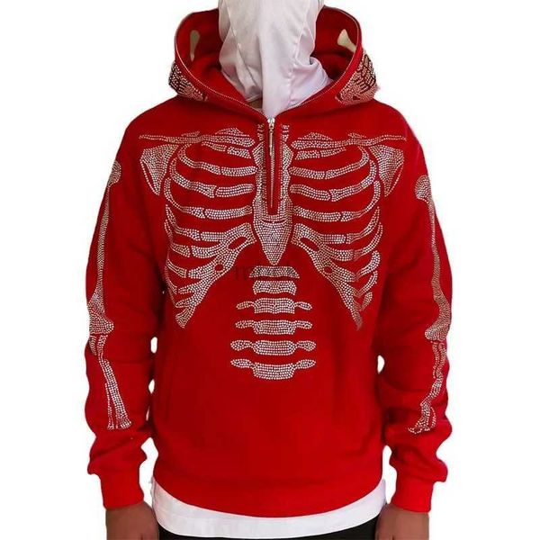 Sweatshirts Mens Jackets Men High Street Skeleton Hip Hop Hoodies com Skull Rhinestone Fashion Streetwear Logo Fit Y2K Sorto de moletom com capuz de capuz 240412