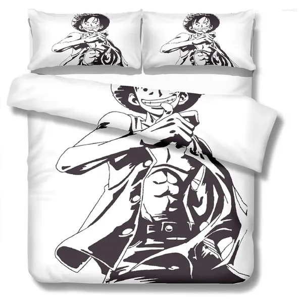 Bettwäsche -Sets Japan ein Stück Anime -Set für Kinder Balck und weiße Bettdecke Cover Affe d Luffy Print Bett Leinen 3D -Quilt Doppel