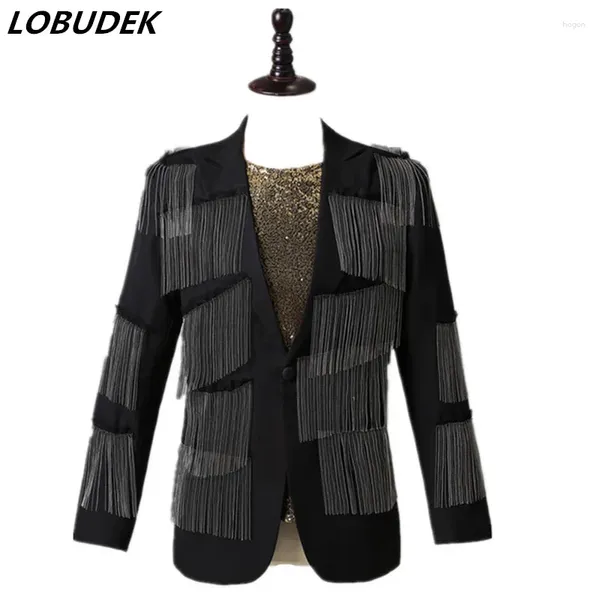 Stage desgaste da cantora de performance de performance masculino Blazer preto Button Button Metal Fringe Casual Casual Casual Macho de dança Costura do bar