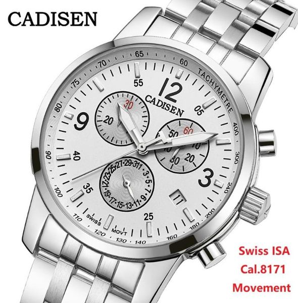 Начатые часы Cadisen C7053 Mens Watch Automatic Date Swiss ISA Cal8171 Movt Quartz Watches Men Sapphire 316L 5ATM Chronograph RE4580053